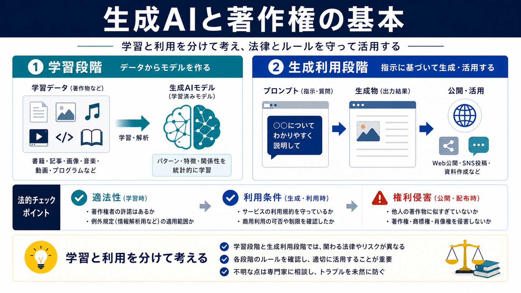 生成AIと著作権の基本、学習段階と生成利用段階の違いを示す図