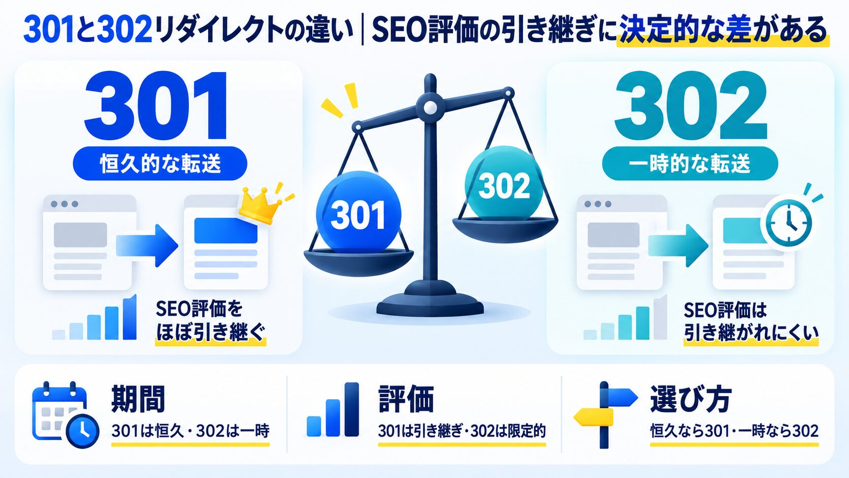 301と302リダイレクトの違い|SEO評価の引き継ぎに決定的な差がある