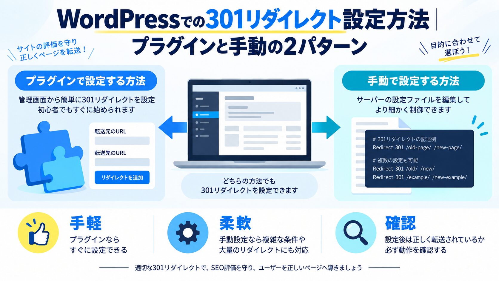 WordPressでの301リダイレクト設定方法|プラグインと手動の2パターン