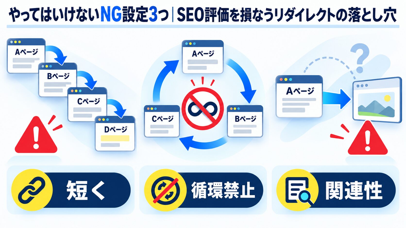 やってはいけないNG設定3つ|SEO評価を損なうリダイレクトの落とし穴