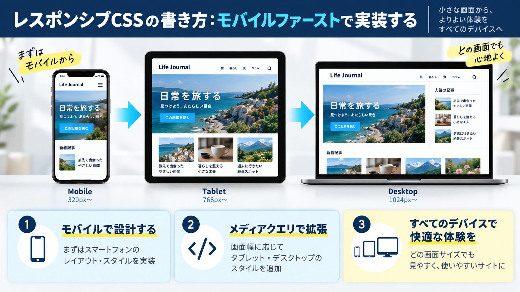 レスポンシブCSSの書き方：モバイルファーストで実装する