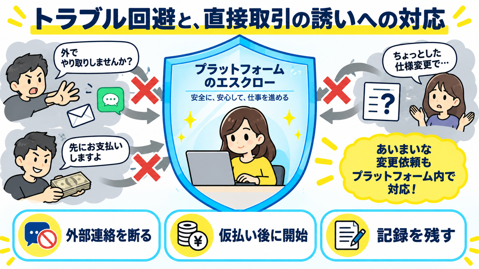 トラブル回避と、直接取引の誘いへの対応