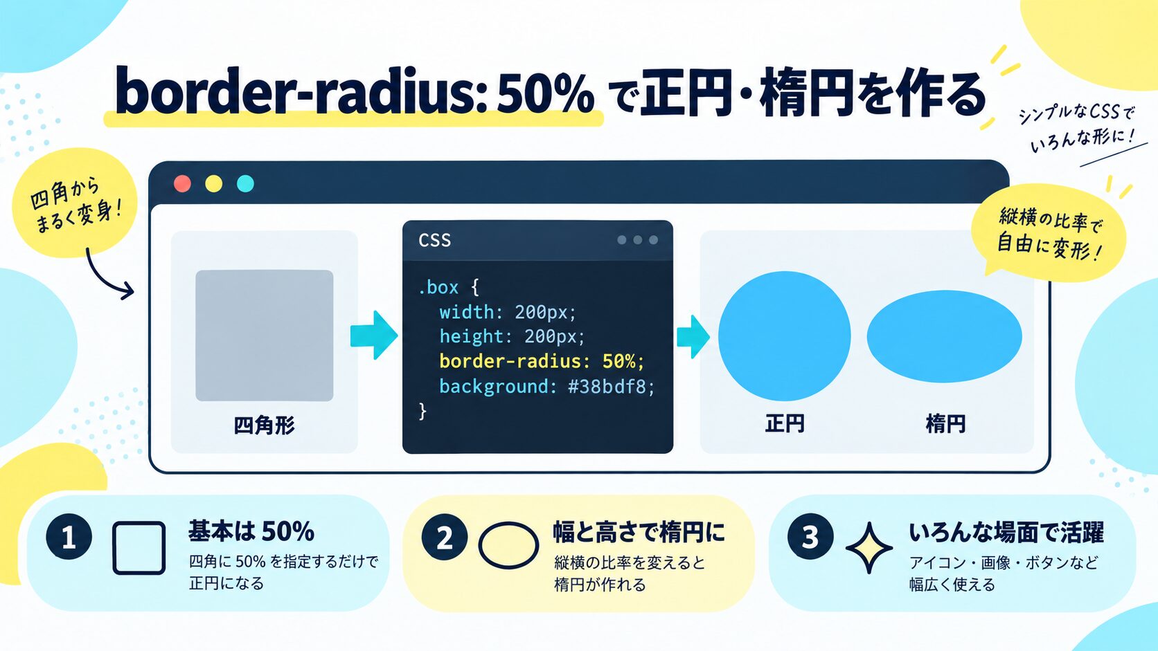 border-radius: 50% で正円・楕円を作る