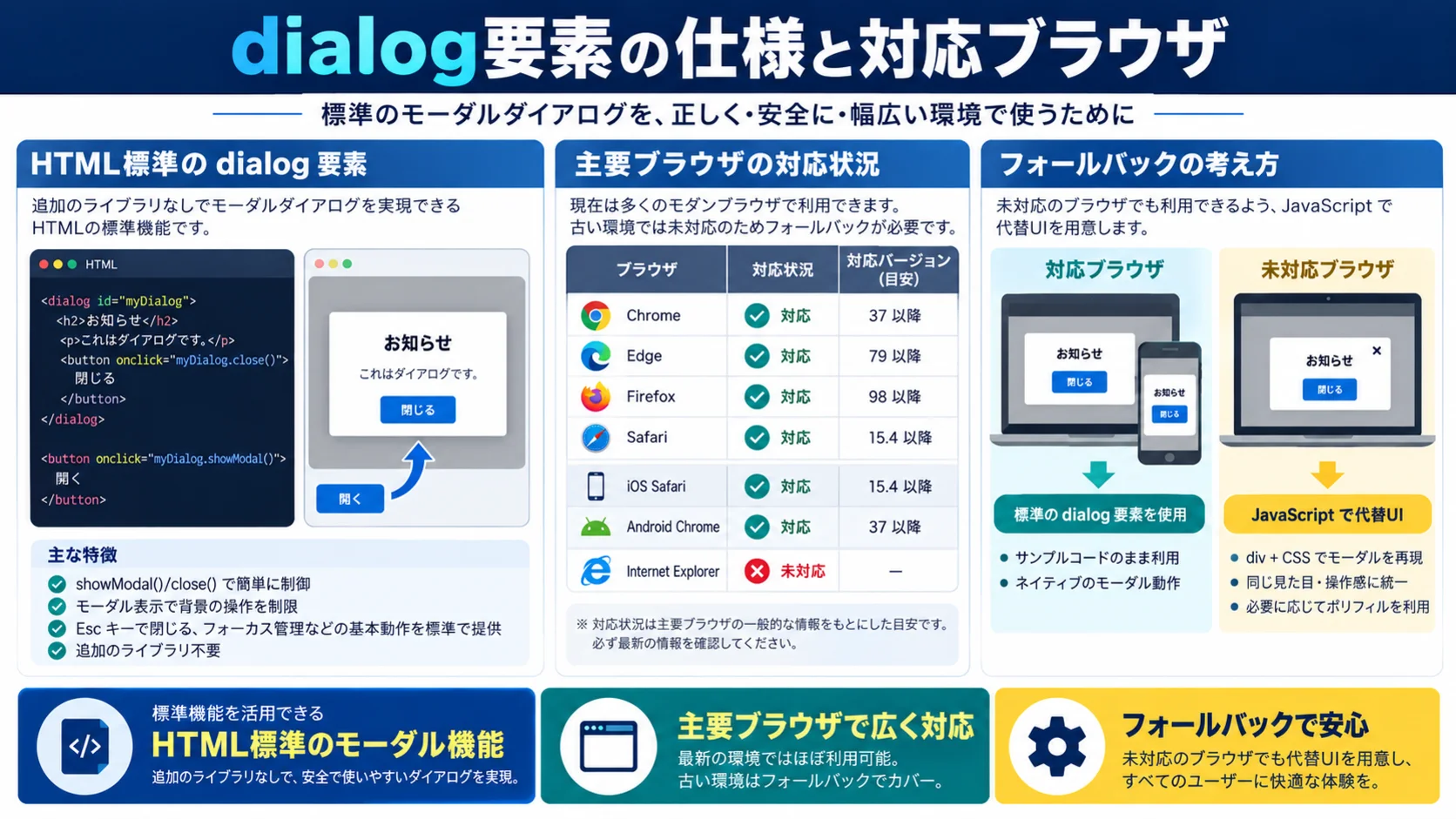 dialog要素の仕様と対応ブラウザ
