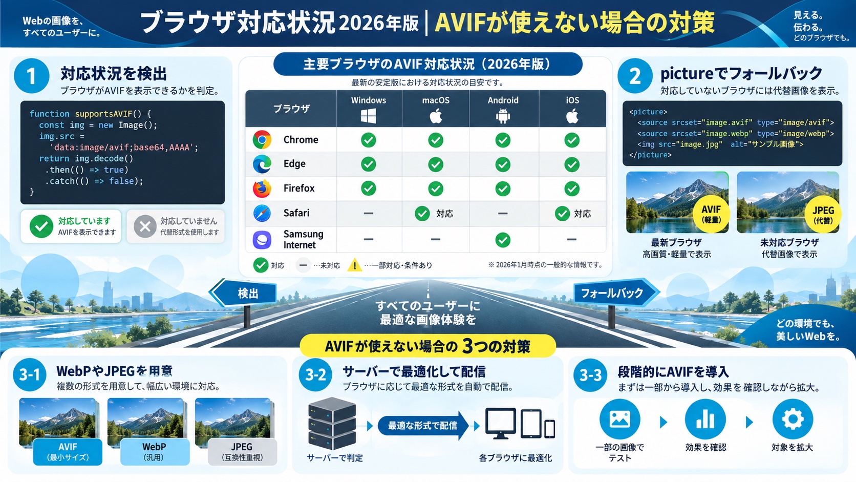 ブラウザ対応状況2026年版|AVIFが使えない場合の対策