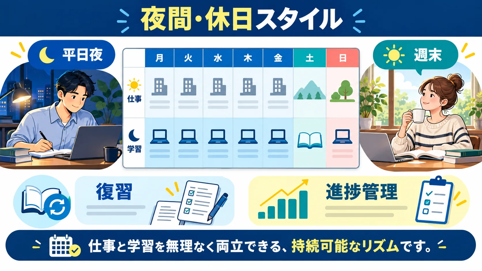 夜間・休日スタイルの学習スケジュールと進め方