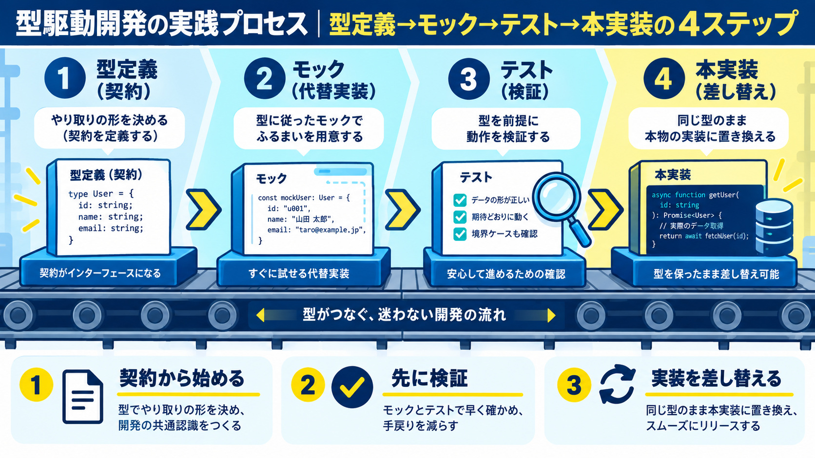 型駆動開発の実践プロセス|型定義→モック→テスト→本実装の4ステップ