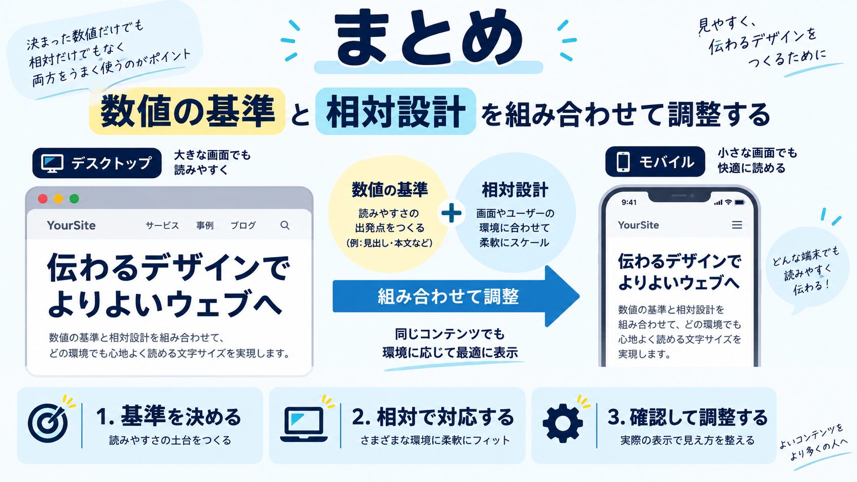 まとめ|フォントサイズは「数値」と「相対設計」の両輪で決める