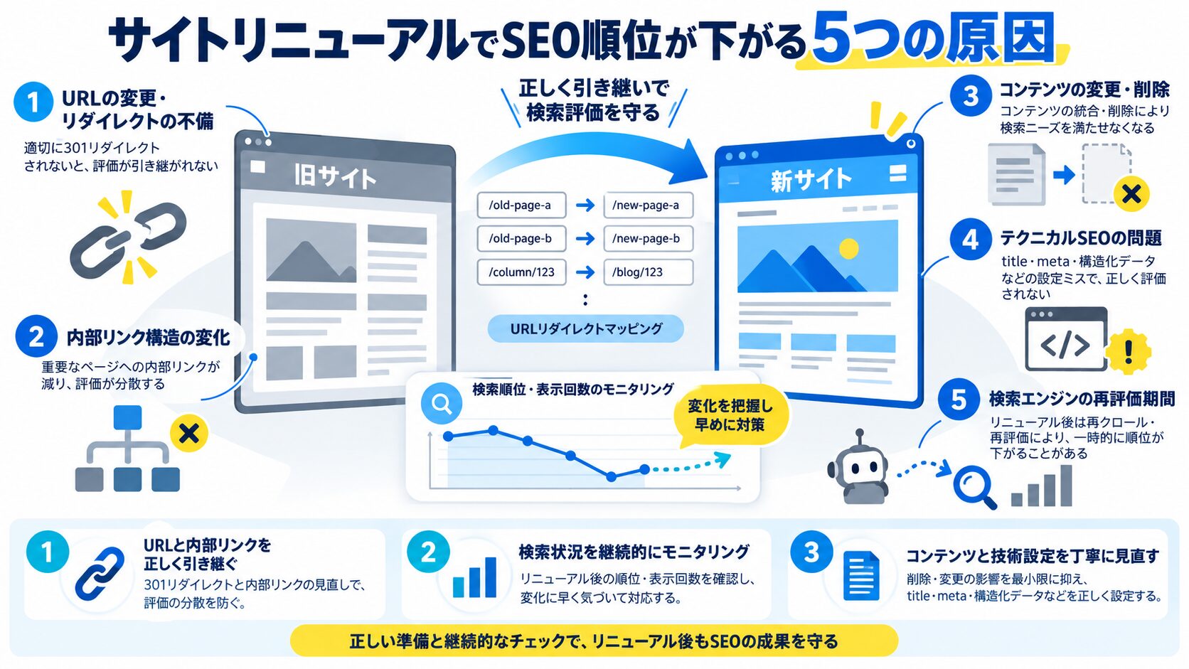 サイトリニューアルで SEO 順位が下がる5つの原因