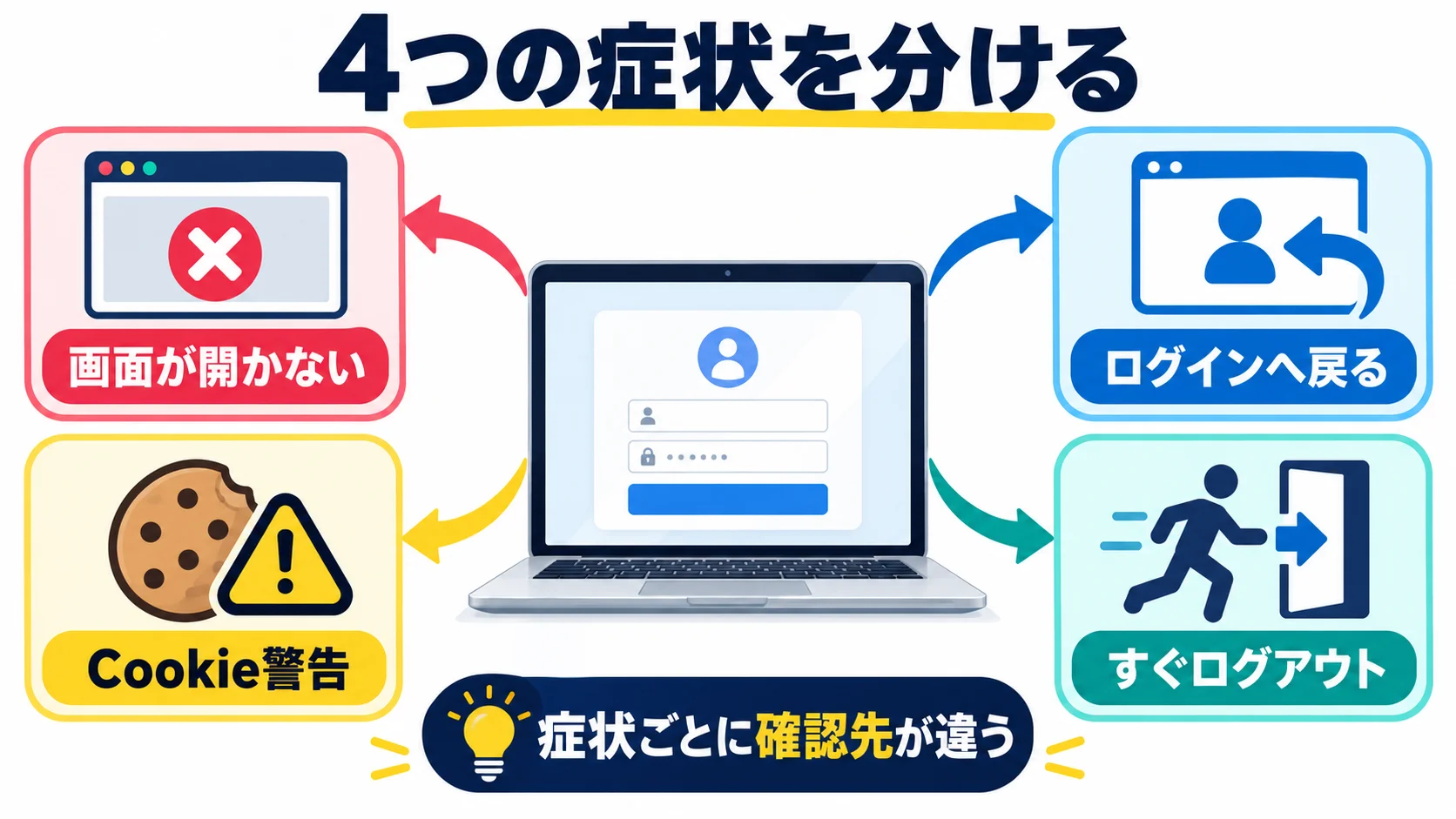 ログイン障害を4つの症状に分けて判断するの図解