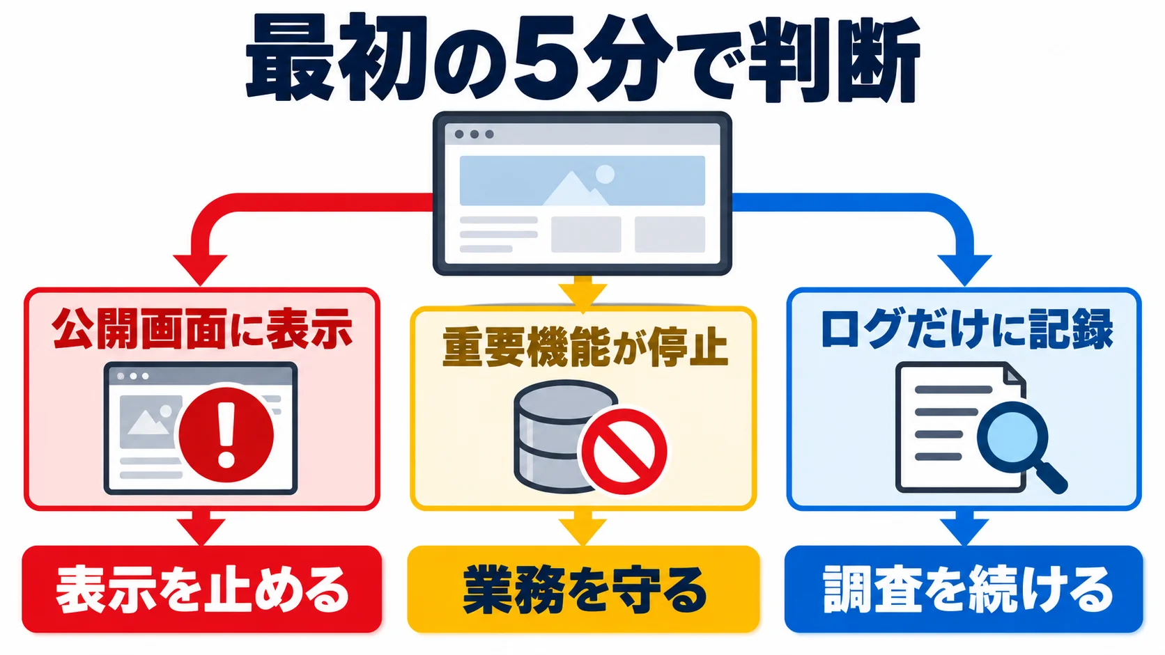 まず5分で行う:公開表示と業務停止の有無を分けて判断の図解