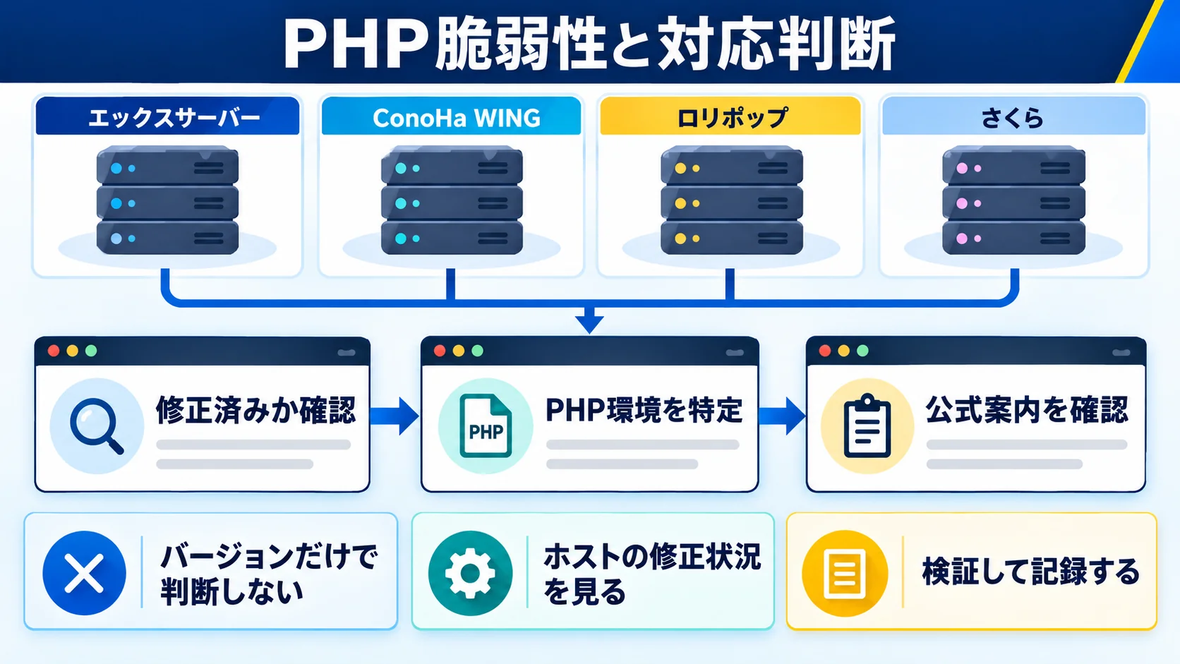 PHP脆弱性の対応判断:4社の修正状況と対象環境を確認する図解