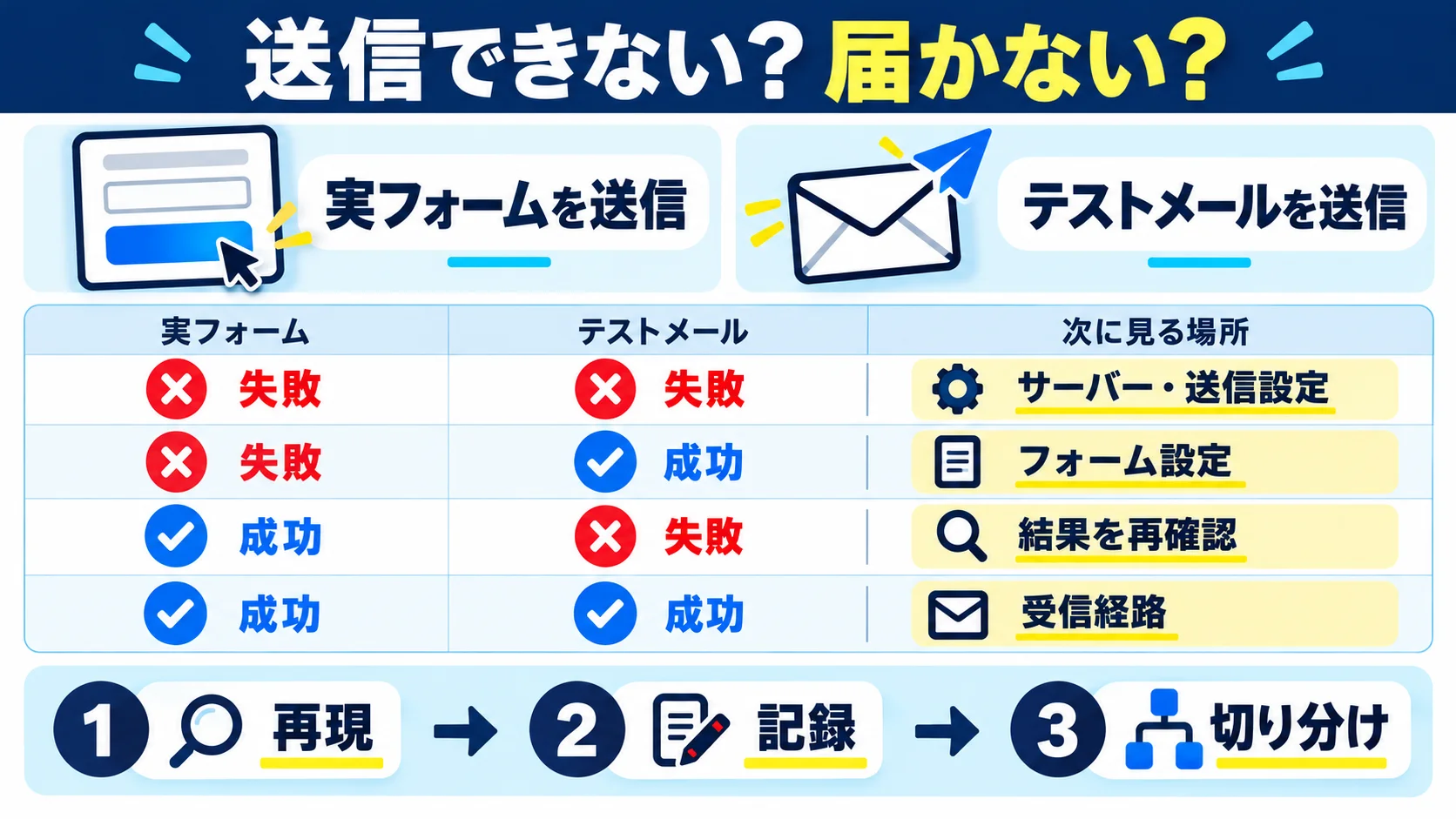 実フォームとテストメールの成否で次に調べる場所を決める表