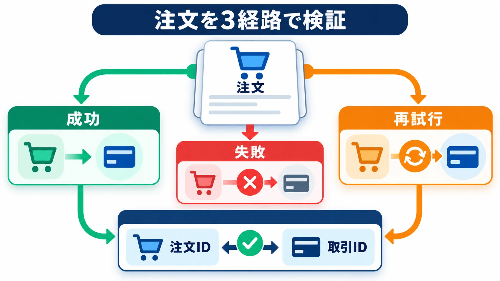 購入から注文保存までのテスト手順の図解