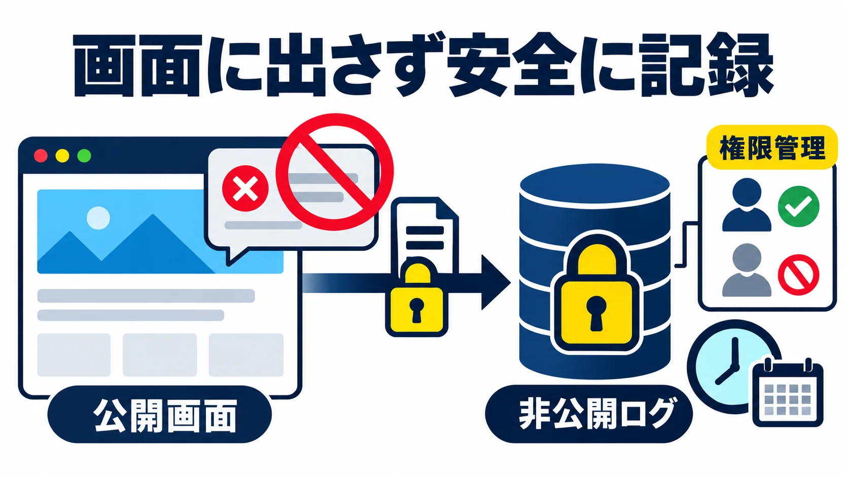 本番では画面に出さず、安全な場所へ記録するの図解