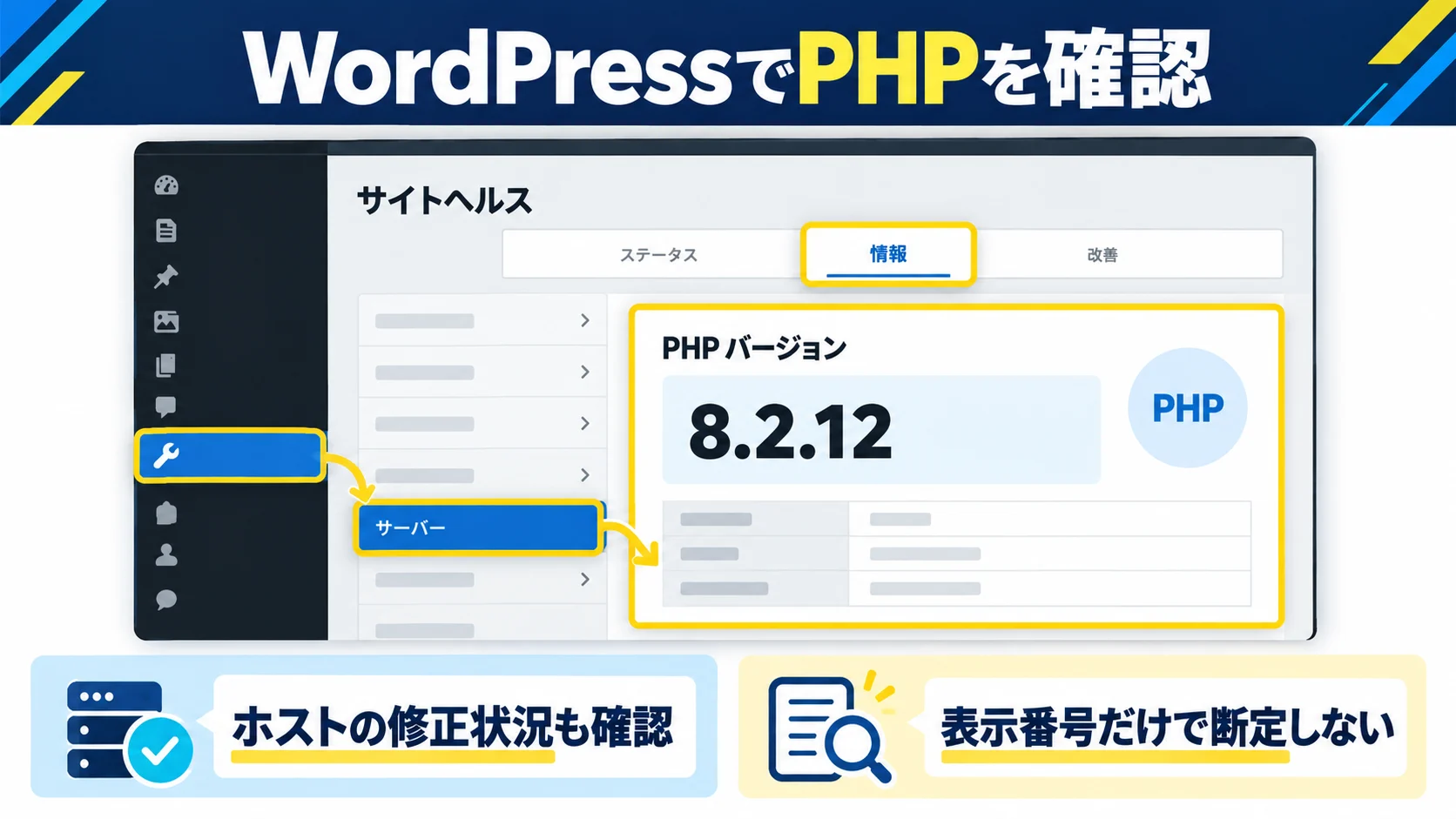WordPressのサイトヘルスでPHPバージョンを確認する画面と確認事項