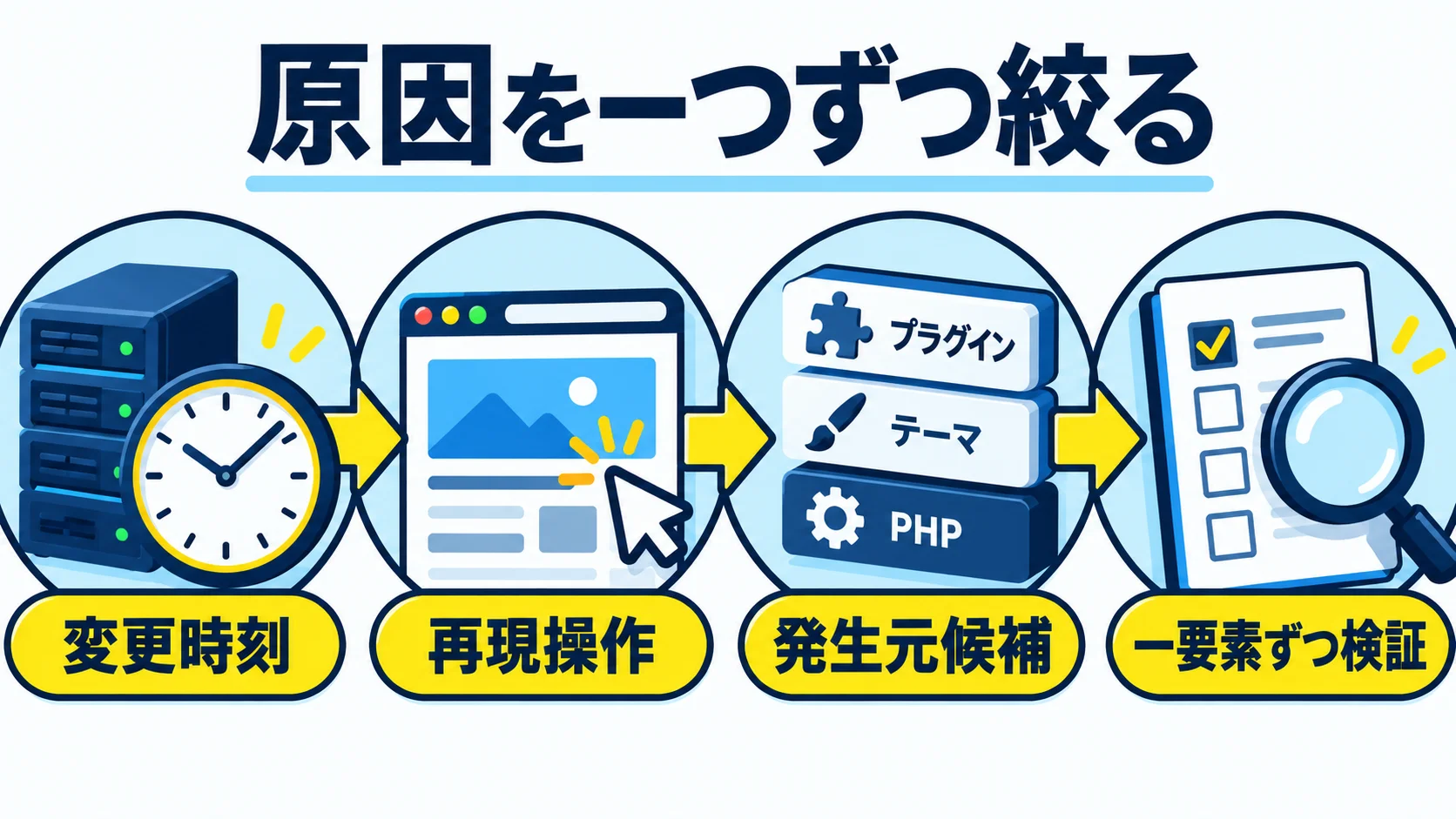 原因を追う順番:時刻、更新差分、プラグイン・テーマの図解