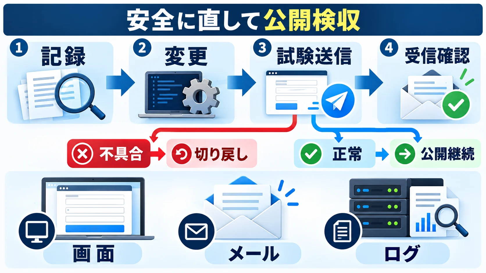 記録・変更・試験送信・受信確認と不具合時の切り戻し